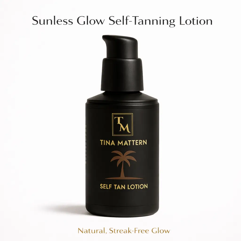 Tina Mattern Self-Tanning Lotion – Hydrating, Streak-Free, and Coral-Reef-Safe with a Clean, Conscious Formula 1 Tina Mattern Self-Tanning Lotion in black and gold bottle on a white background