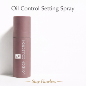Tina Mattern Oil Control Setting Spray hero image with mauve London Collection bottle on white background