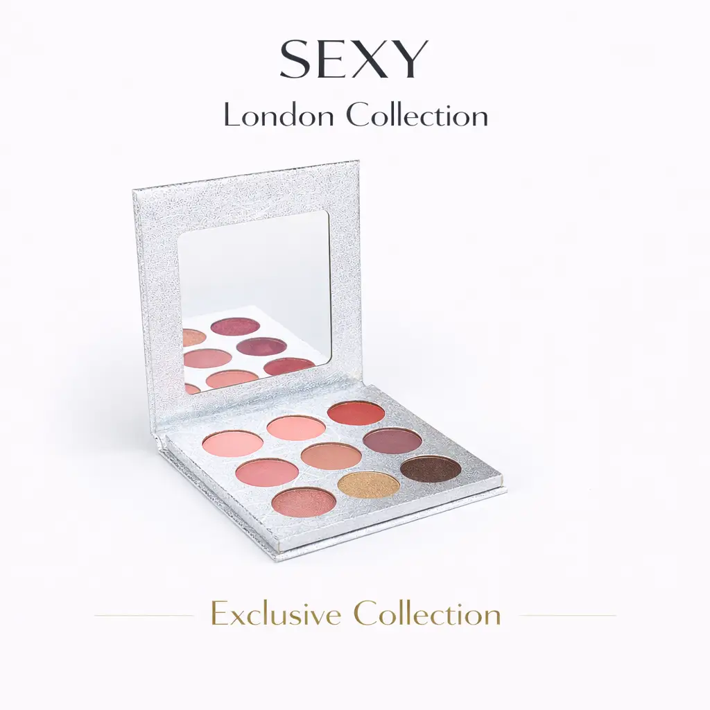 Tina Mattern London Collection 9-Palette Sexy Eyeshadow 1 SEXY London Collection Exclusive Eyeshadow Palette open in metallic silver compact on white background