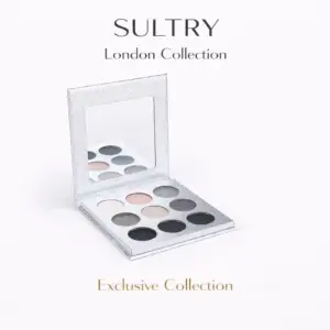 Tina Mattern SULTRY London Collection Eyeshadow Palette hero image with exclusive silver compact and nine neutral and smoky shades on white background.