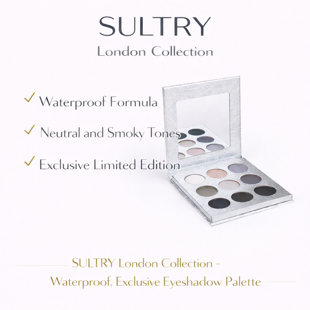 Tina Mattern London Collection 9-Palette Sultry Eyeshadow 3 Tina Mattern Sultry London Collection exclusive eyeshadow palette benefits image featuring waterproof, neutral smoky tones and limited edition claim