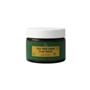 Tina Mattern Tea Tree Hemp Clay Mask with a white lid and green label highlighting its detoxifying and anti-acne benefits.
