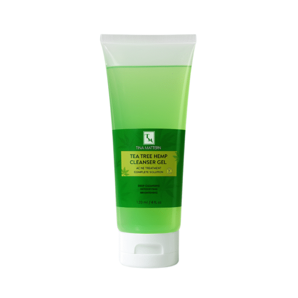 Tina Mattern Tea Tree Cleanser Gel with a green and white design, featuring the product name and details.