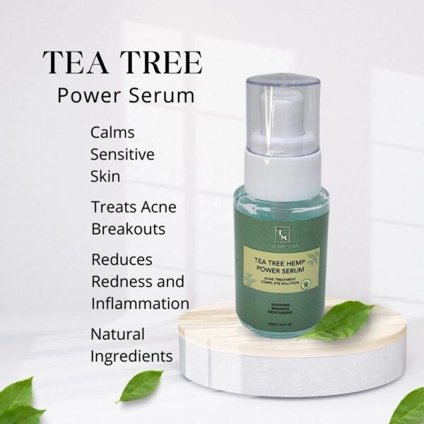 Tina Mattern Tea Tree Hemp Power Serum bottle with tea tree oil and hemp seed extract for blemish-prone skin