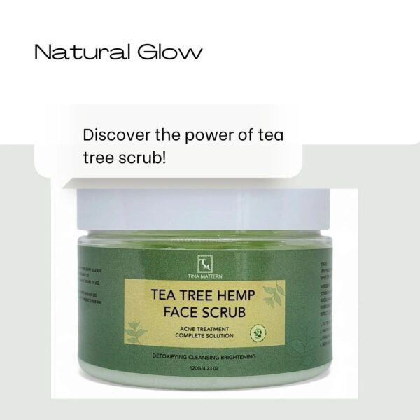 Tina Mattern Tea Tree Hemp Face Scrub for exfoliating, acne-fighting, and soothing skin, infused with tea tree oil and hemp seed extract.