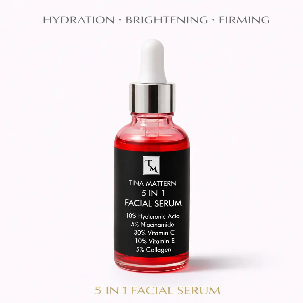 Tina Mattern 5-in-1 Facial Serum – Hyaluronic Acid, Vitamin C, Niacinamide 1 Tina Mattern 5-in-1 Facial Serum in a glass dropper bottle on a white background.