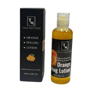 Tina Mattern Orange Peeling Lotion with Hyaluronic Acid and Vitamin C for skin brightening and exfoliation.