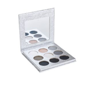 Tina Mattern Sultry Eyeshadow Palette with 9 sultry, smoky shades, housed in sleek silver packaging with a built-in mirror.