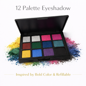 12-color eyeshadow palette open showing bold and bright shades on white background