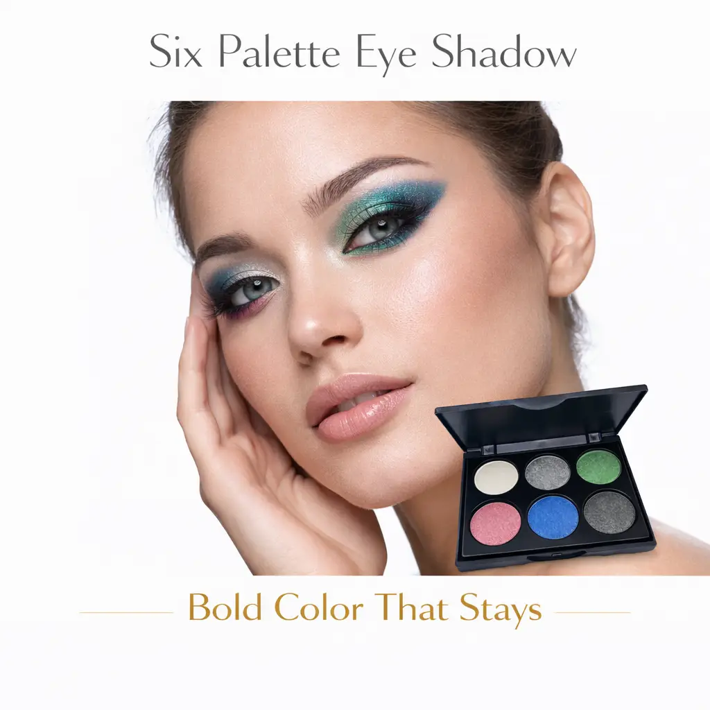 Tina Mattern Six Palette Eye Shadow – Vibrant, Long-Lasting Shades 2 Model wearing Six Palette Eye Shadow shimmering green, blue, silver, and charcoal eye look on white background