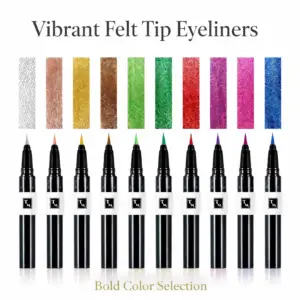Tina Mattern Vibrant Felt Tip Eyeliners hero image showing ten colorful waterproof felt-tip eyeliner pens with matching shimmer swatches on a white background.