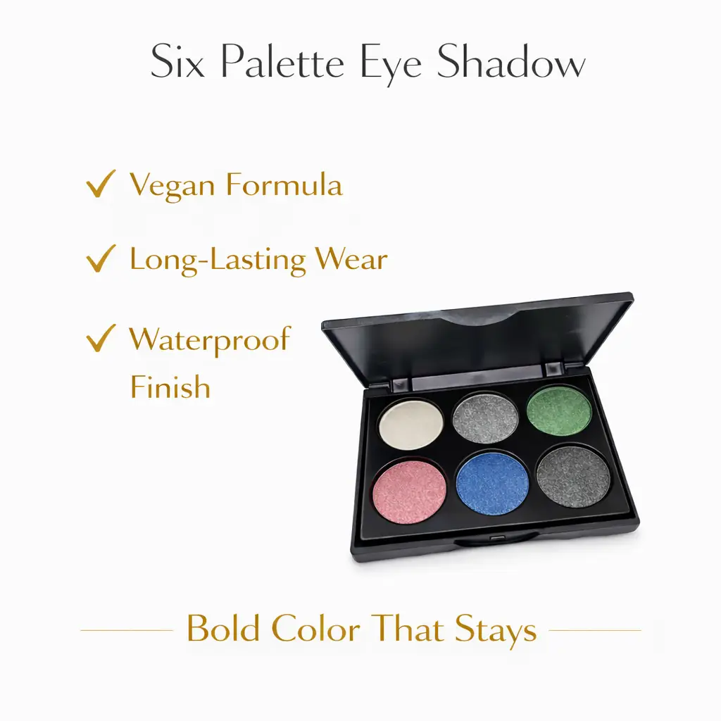 Tina Mattern Six Palette Eye Shadow – Vibrant, Long-Lasting Shades 3 Six Palette Eye Shadow benefits image highlighting vegan, long-lasting, and waterproof formula. Benefits