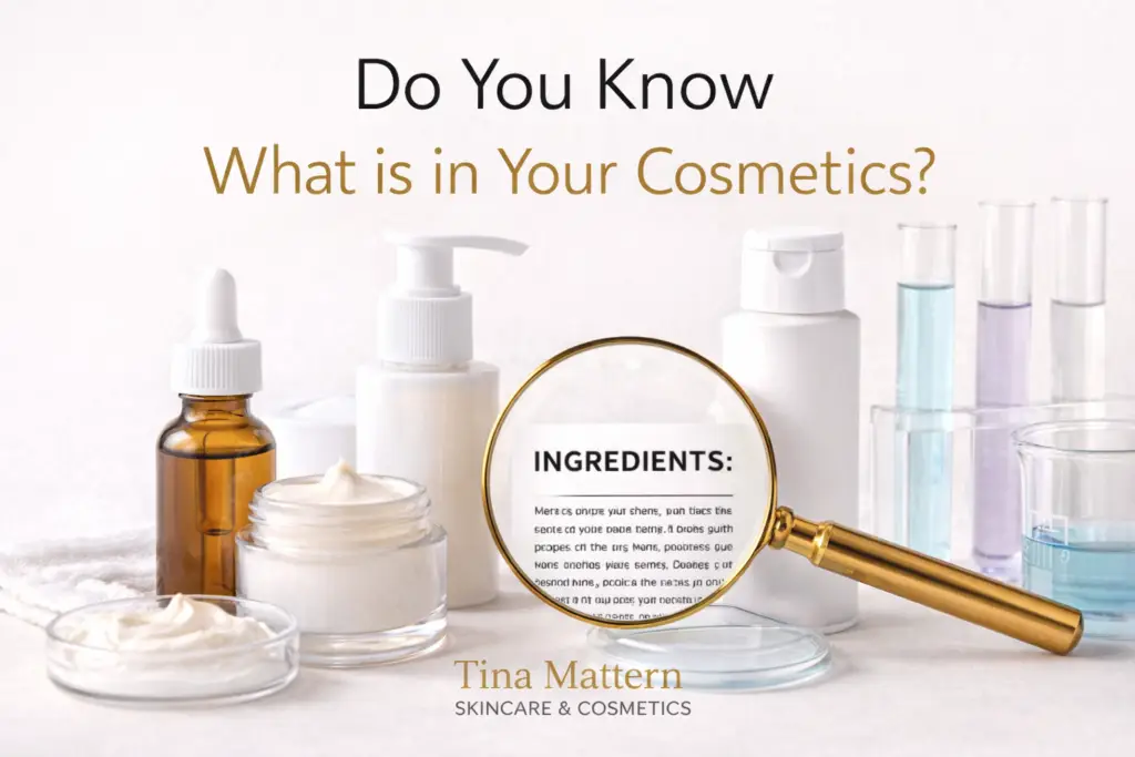 Cosmetics containers and lab tools with a magnifying glass highlighting ingredients for Tina Mattern blog about what is in your cosmetics.