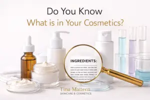 Cosmetics containers and lab tools with a magnifying glass highlighting ingredients for Tina Mattern blog about what is in your cosmetics.