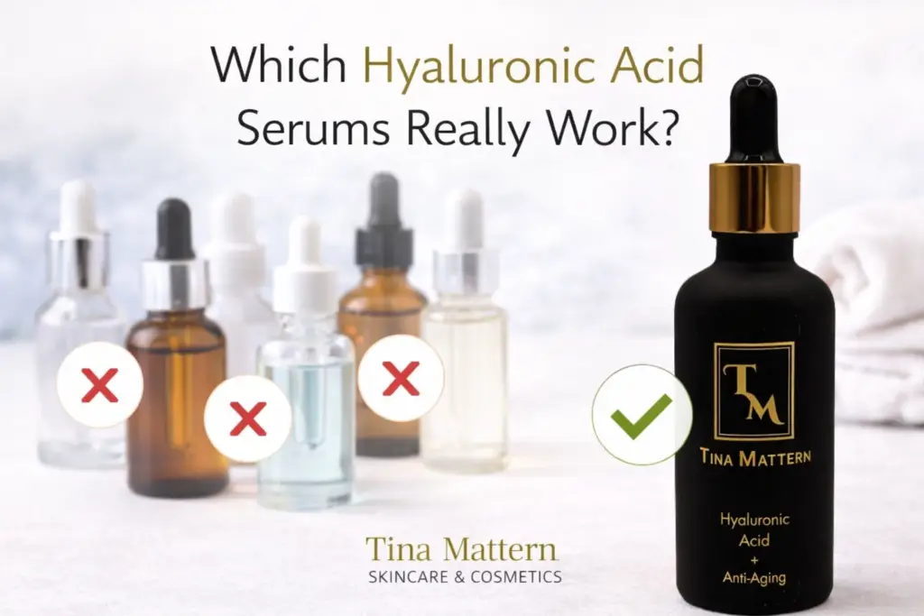 Tina Mattern Hyaluronic Acid + Anti-Aging Serum bottle shown next to other hyaluronic acid serums for a blog post about which hyaluronic acid serums really work.