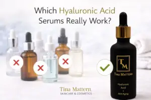 Tina Mattern Hyaluronic Acid + Anti-Aging Serum bottle shown next to other hyaluronic acid serums for a blog post about which hyaluronic acid serums really work.
