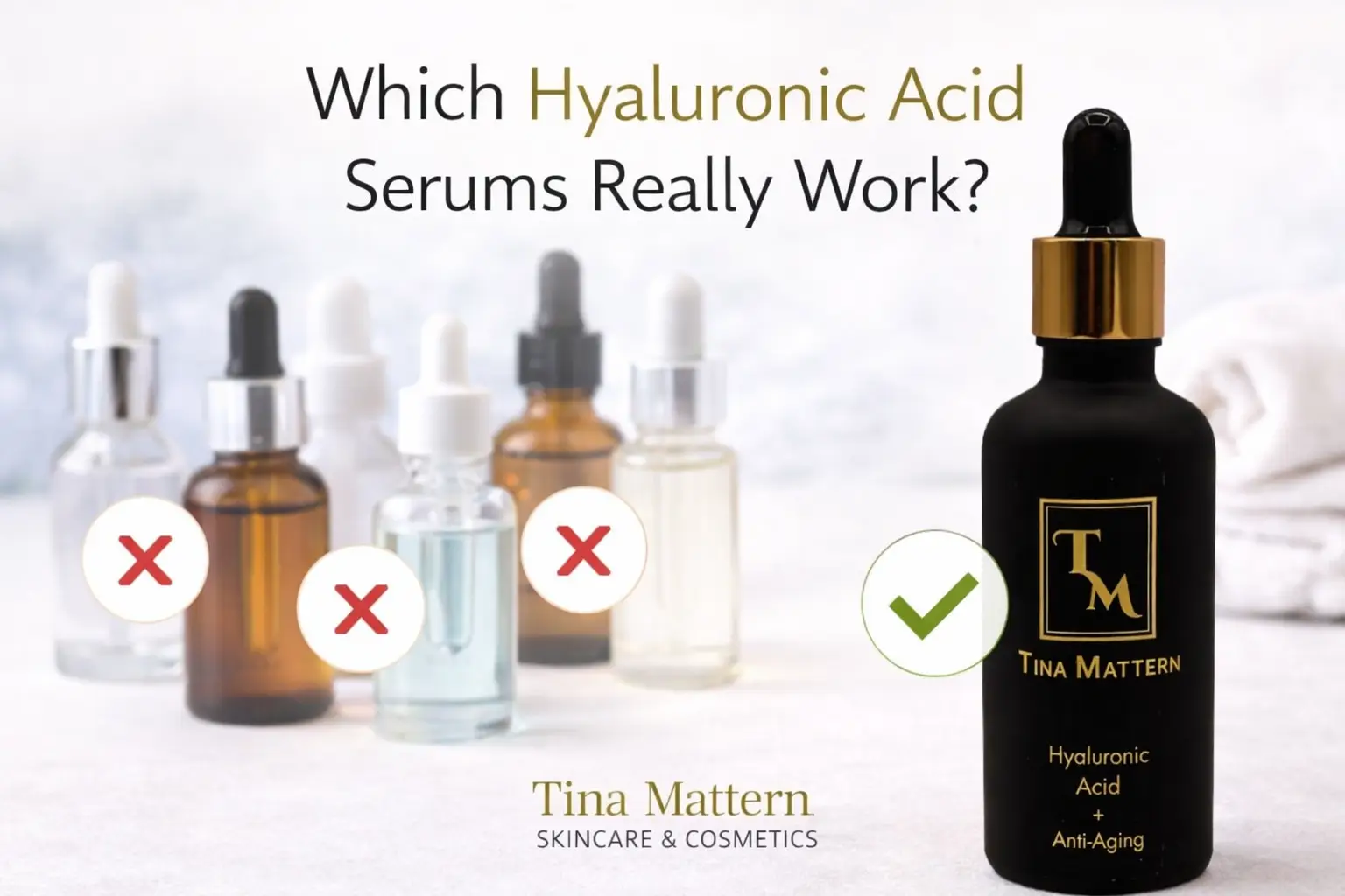 Tina Mattern Hyaluronic Acid + Anti-Aging Serum bottle shown next to other hyaluronic acid serums for a blog post about which hyaluronic acid serums really work.