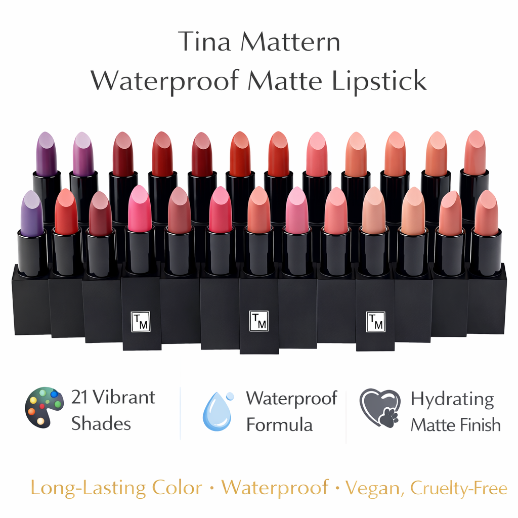 Tina Mattern Moisturizing Matte Waterproof Lipstick 2 Tina Mattern Waterproof Matte Lipstick shade collection arranged on white background