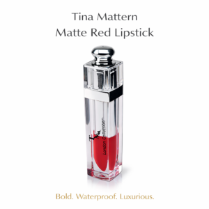 Tina Mattern Matte Red Lipstick in silver luxury tube on white background