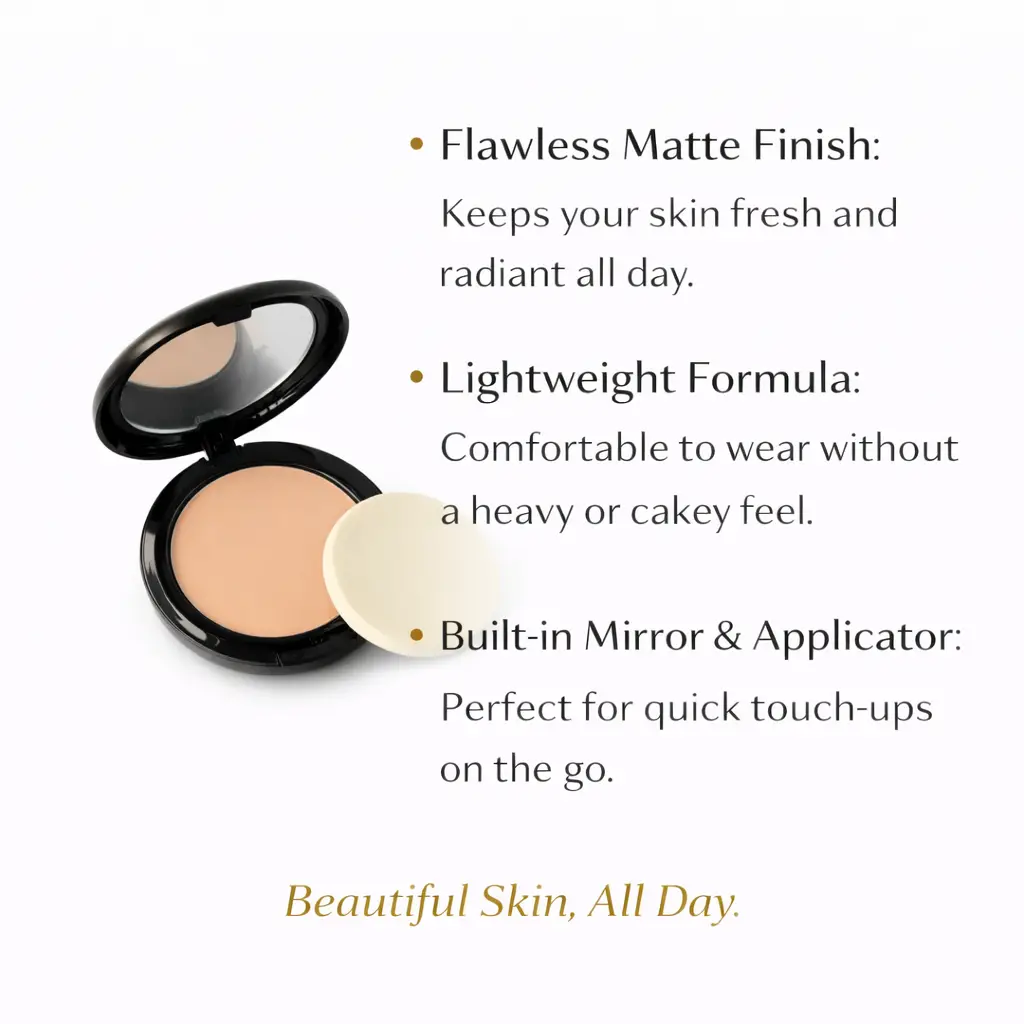 Tina Mattern Powder Compact 2 Powder compact benefits image showing flawless matte finish, lightweight formula, and built-in mirror with applicator