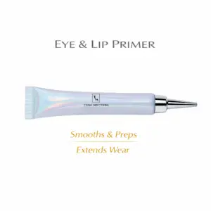 Tina Mattern Eye and Lip Primer hero image showing holographic primer tube with silver applicator tip on white background