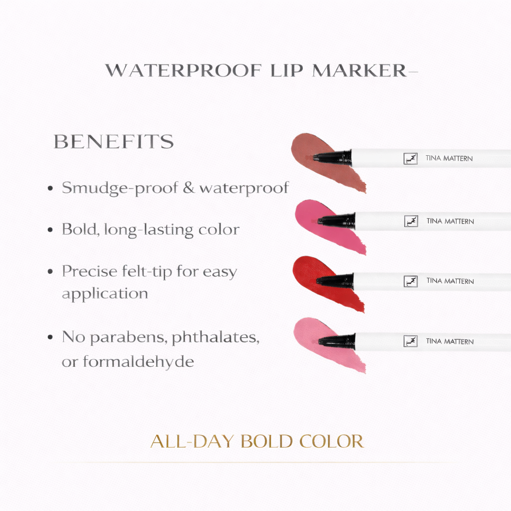 Tina Mattern Lip Marker – Bold Like a Marker, Beautiful Like You 2 Tina Mattern Waterproof Bold Lip Marker benefits image showing bold lip marker color strokes with listed waterproof and clean-ingredient benefits on white background