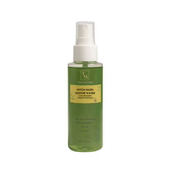 Tina Mattern Witch Hazel Toner in a green bottle, designed to tighten pores and balance oil production.