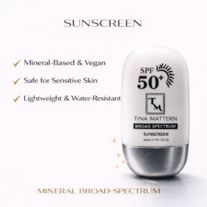 Tina Mattern SPF 50+ Mineral Broad Spectrum Sunscreen in white bottle on a clean white background
