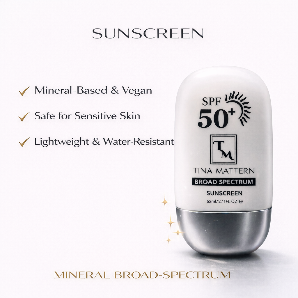 Tina Mattern Mineral Sunscreen SPF 50 – Broad Spectrum, Vegan, Cruelty-Free, Chemical-Free 1 Tina Mattern SPF 50+ Mineral Broad Spectrum Sunscreen in white bottle on a clean white background