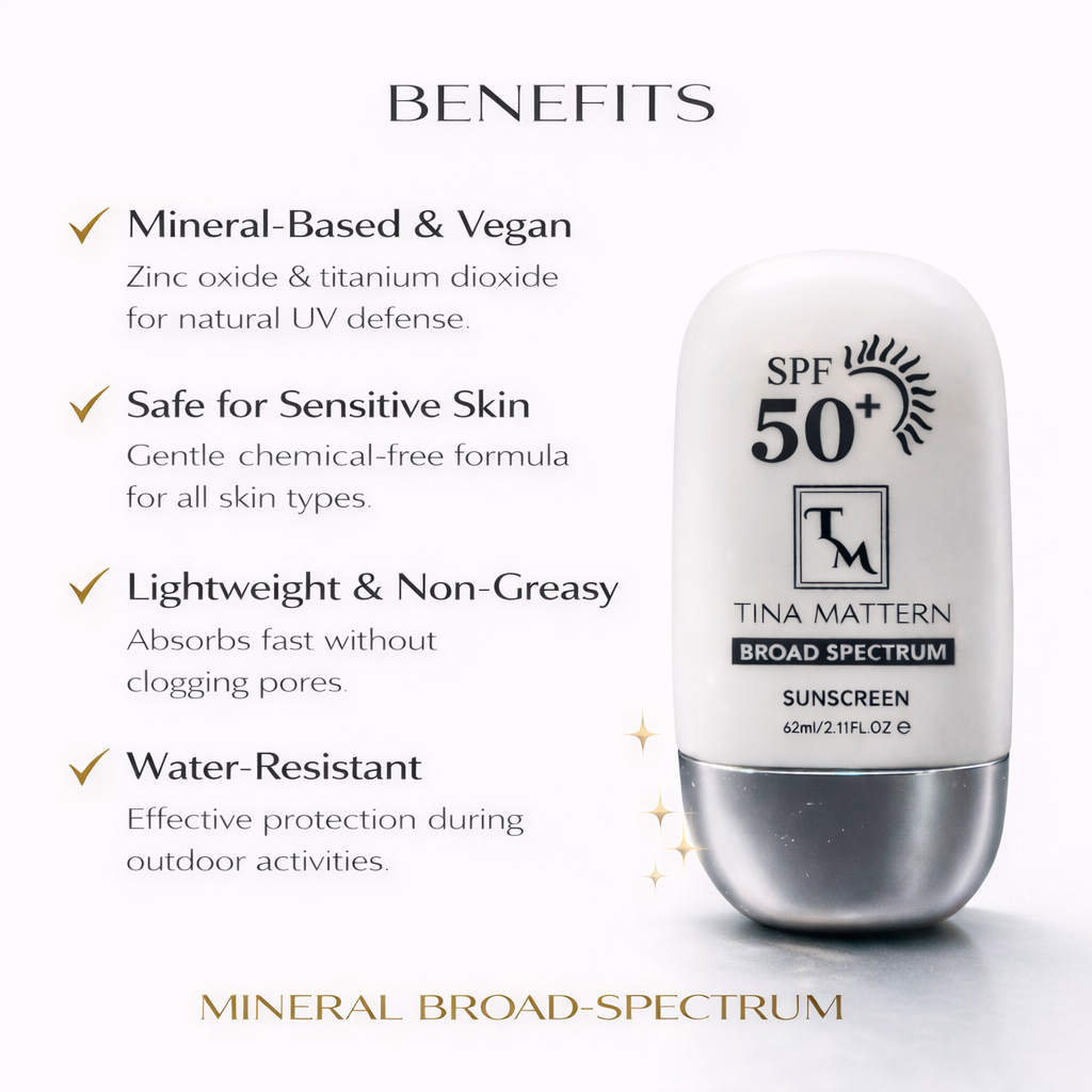 Tina Mattern Mineral Sunscreen SPF 50 – Broad Spectrum, Vegan, Cruelty-Free, Chemical-Free 2 Tina Mattern SPF 50+ mineral sunscreen benefits image showing zinc oxide and titanium dioxide protection with lightweight, non-greasy formula