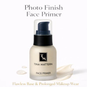Tina Mattern Photo Finish Face Primer in frosted glass bottle on white background, lightweight primer for smoothing pores and extending makeup wear.