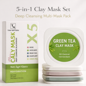 Tina Mattern Green Tea Clay Mask pods with packaging on a white background for oil control and antioxidant skincare