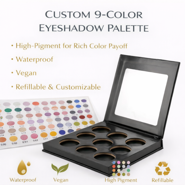 Tina Mattern Custom 9-Color Eyeshadow Palette benefits image highlighting high pigment, waterproof wear, vegan formula, and refillable design on white background.