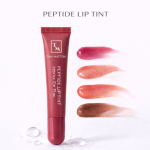 Tina Mattern Peptide Lip Tint hero image showing a burgundy lip tint tube centered on a white background