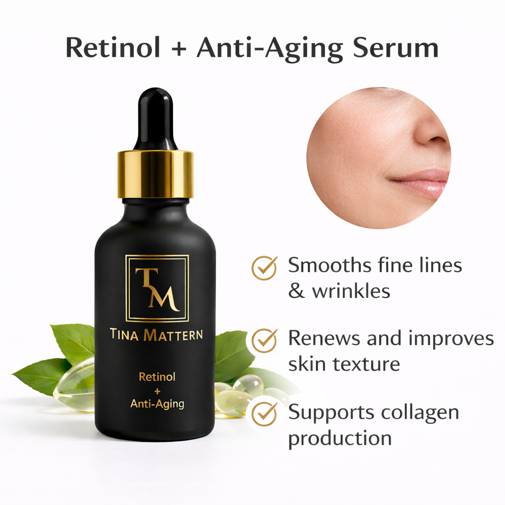 Tina Mattern Retinol Anti-Aging Serum 50 mL (1.7 fl oz) 2 Benefits of Tina Mattern Retinol Anti-Aging Serum including skin renewal, smoothing, and wrinkle reduction