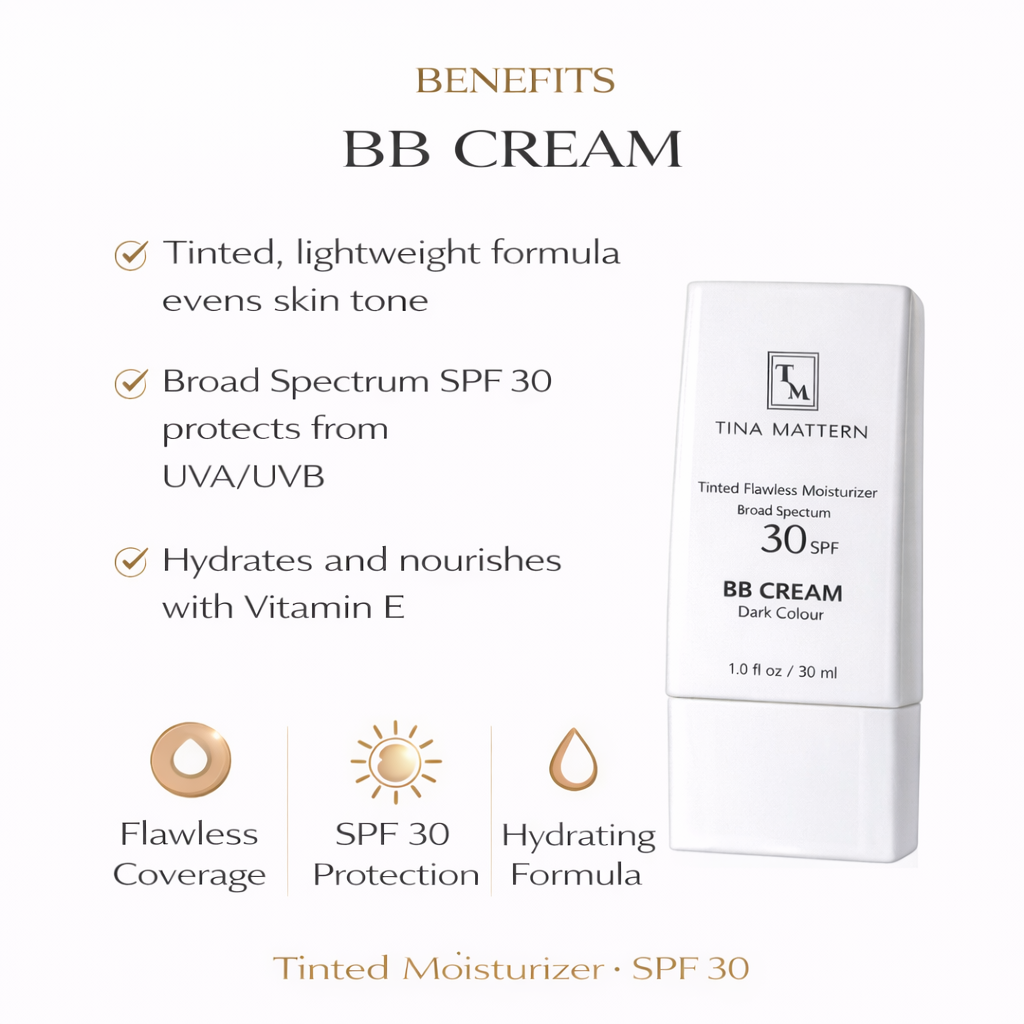 Tina Mattern Tinted Moisturizer with Hyaluronic Acid & SPF 30 2 Tina Mattern BB Cream benefits showing tinted coverage hydration and SPF 30 protection