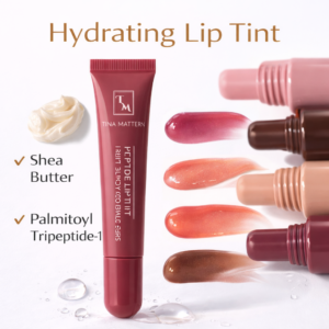 Tina Mattern Hydrating Peptide Lip Tint with shade swatches on white background