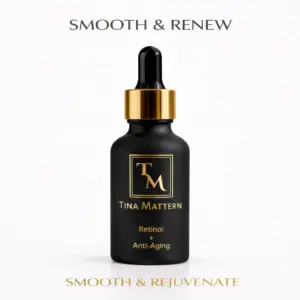 Tina Mattern Retinol Anti-Aging Serum displayed on a clean white background with Smooth & Renew and Smooth & Rejuvenate messaging.