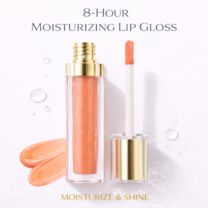 Tina Mattern 8-Hour Moisturizing Lip Gloss hero image showing a clear lip gloss tube with gold cap and applicator on white background
