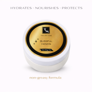 Blissful Hands Cream by Tina Mattern in white jar with gold label on a clean white background, featuring a non-greasy hand cream formula.