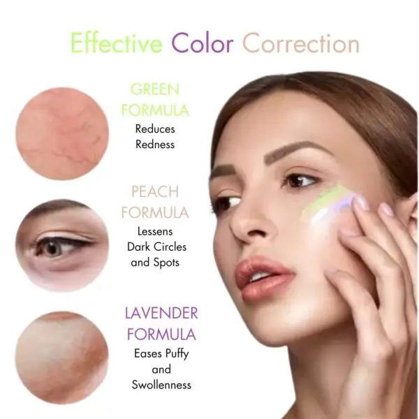 Tina Mattern Corrector Primer with SPF 50 features a three-color formula for effective color correction—green reduces redness, peach brightens dark circles, and lavender eases puffiness.