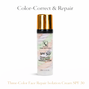 Tina Mattern Three-Color Face Repair Isolation Cream SPF 50 in a clear pump bottle on a white background