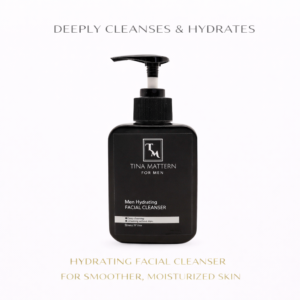 Tina Mattern Men’s Hydrating Facial Cleanser in black pump bottle on white background, designed to deeply cleanse and hydrate men’s skin.