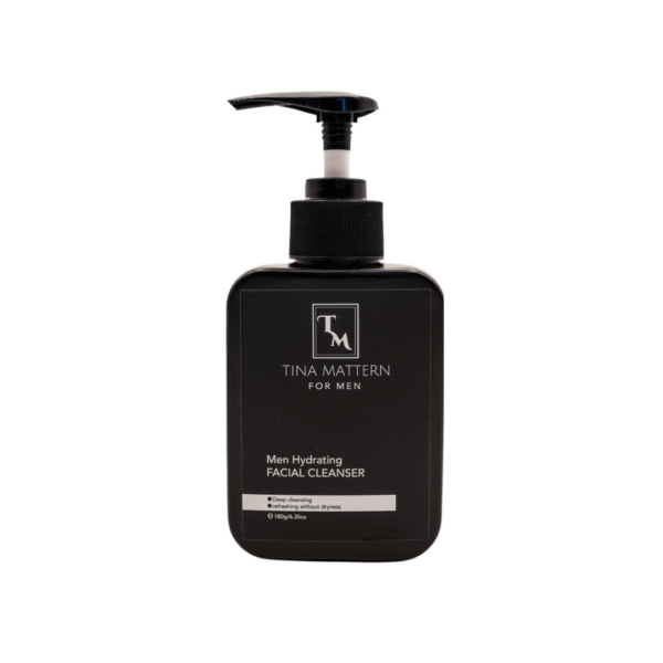 Tina Mattern Men Hydrating Facial Cleanser in a black pump bottle. Deep cleansing formula with Witch Hazel and Tea Tree Oil for a refreshed, oil-free complexion.