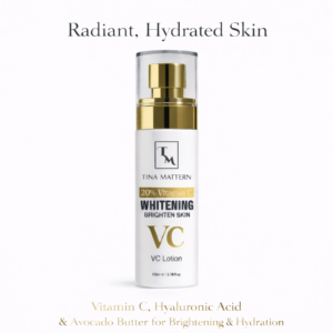 Tina Mattern VC Lotion with 20% Vitamin C in white bottle on white background, luxury skincare hero image