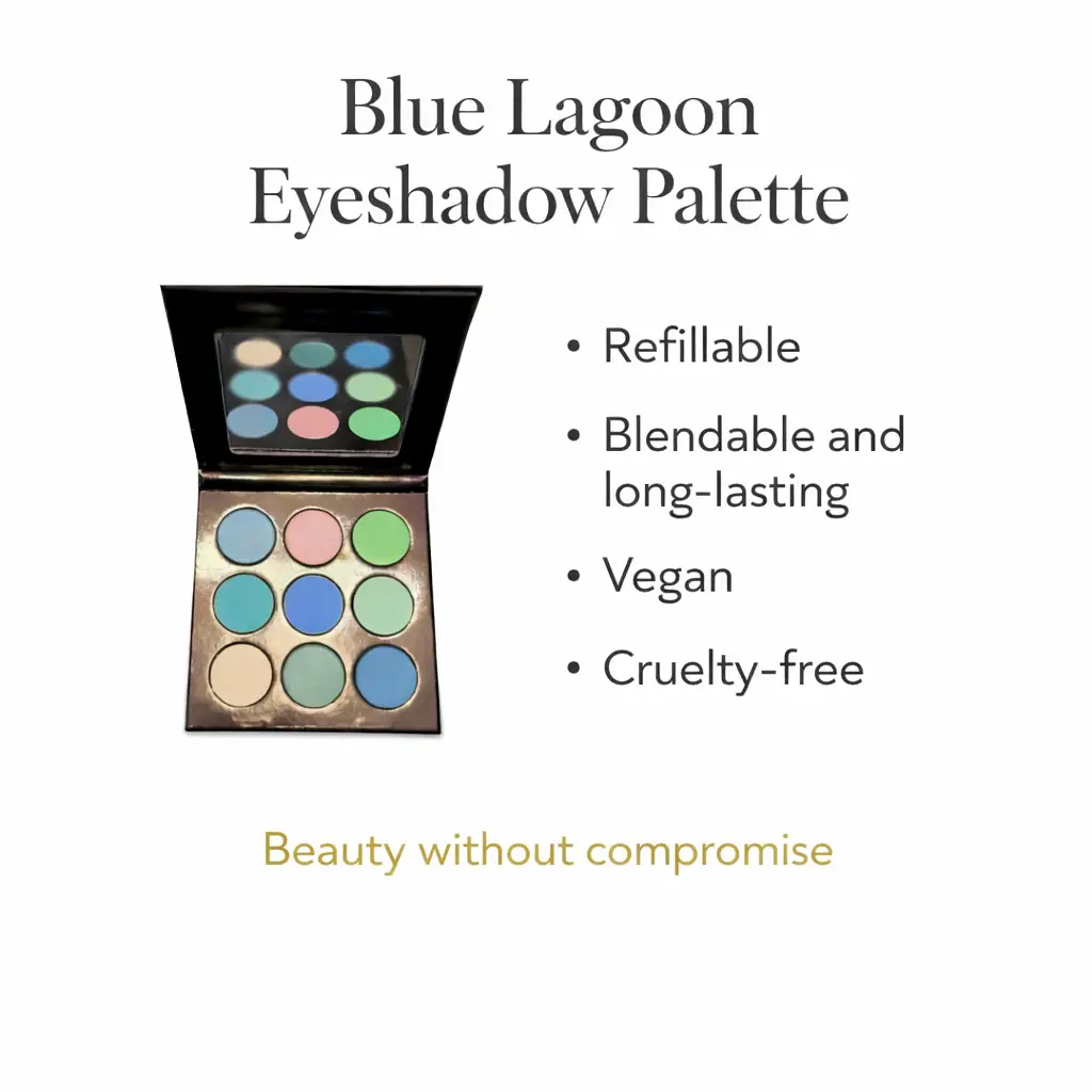 Tina Mattern Blue Lagoon Eyeshadow Palette – Refillable & High-Pigment 2 Tina Mattern Blue Lagoon Eyeshadow Palette open refillable compact with benefit list showing refillable, blendable, long-lasting, vegan, and cruelty-free features on white background