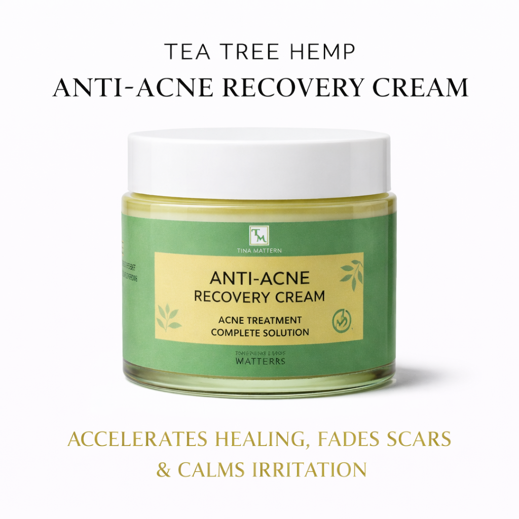 Tina Mattern Tea Tree Hemp Anti-Acne Recovery Cream 1 Tina Mattern Tea Tree Hemp Anti-Acne Recovery Cream in glass jar on white background