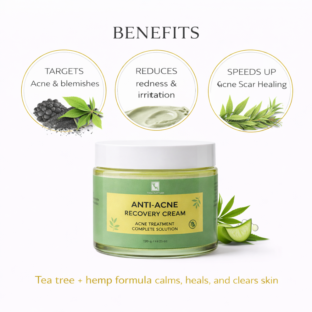Tina Mattern Tea Tree Hemp Anti-Acne Recovery Cream 2 Tea Tree Hemp Anti-Acne Recovery Cream benefits showing acne targeting, redness reduction, and faster scar healing on a white background