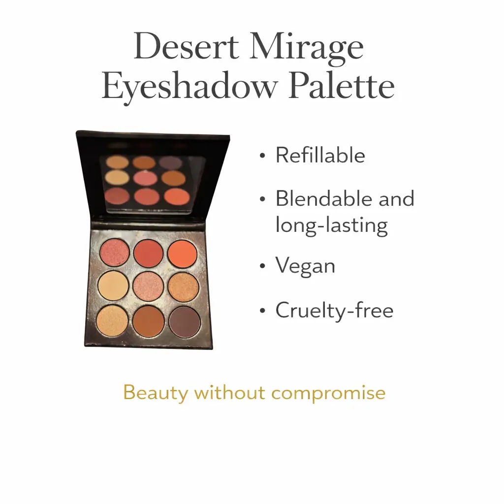 Tina Mattern Desert Mirage Eyeshadow Palette – Refillable & High-Pigment 2 Tina Mattern Desert Mirage Eyeshadow Palette open refillable compact with benefit list showing refillable, blendable, long-lasting, vegan, and cruelty-free features on white background