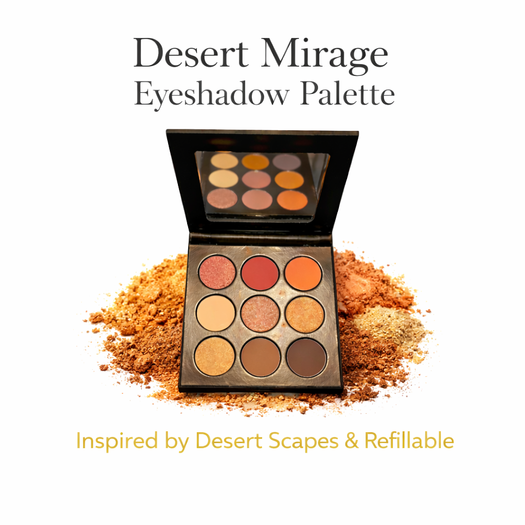 Tina Mattern Desert Mirage Eyeshadow Palette – Refillable & High-Pigment 1 Tina Mattern Desert Mirage Eyeshadow Palette open compact with nine warm-toned high-pigment refillable shades on white background